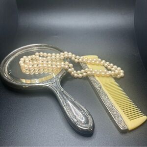 Vintage Vanity Mirror & Comb Set Art Nouveau Style Silver Tone